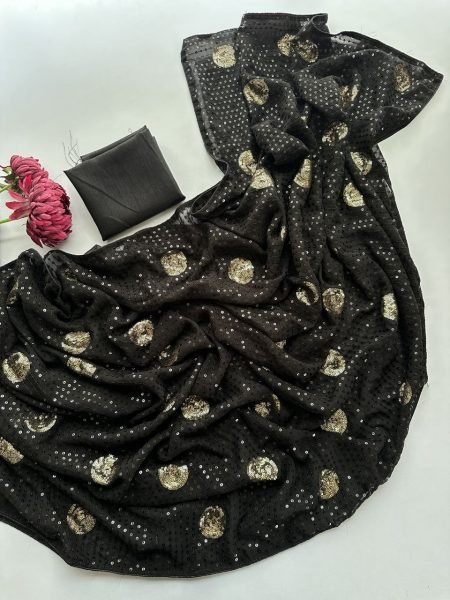 Bollywood Style Black Faux Georgette Sequins Saree with Heavy Embroidery for Party Wear Bollywood Fancy Sarees Wholesale