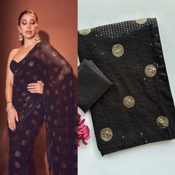 Bollywood Style Black Faux Georgette Sequins Saree with Heavy Embroidery for Party Wear Bollywood Fancy Sarees Wholesale