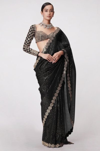 Block Buster Bollywood Black Saree with Heavy Embroidery Work Bollywood Fancy Sarees Wholesale