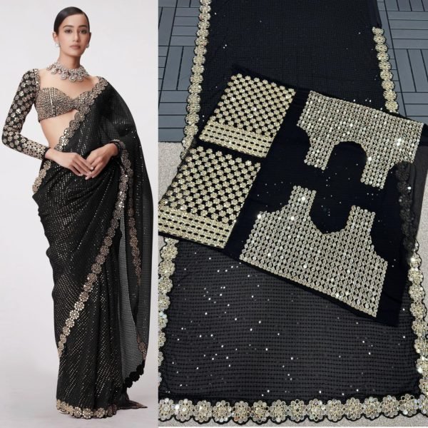 Block Buster Bollywood Black Saree with Heavy Embroidery Work Bollywood Fancy Sarees Wholesale