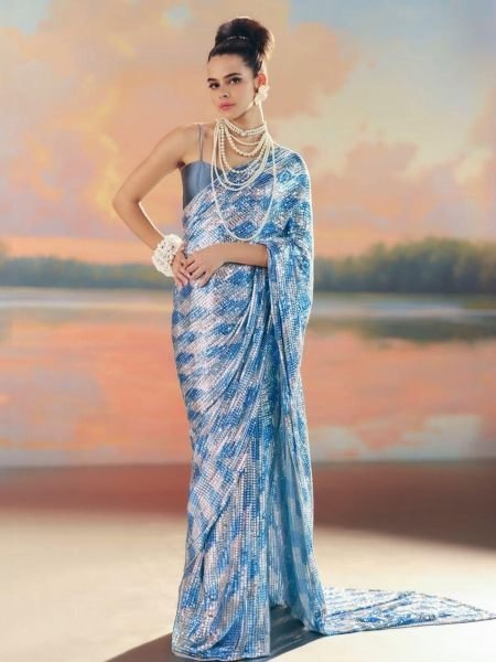 Bollywood Style Blue Heavy Sequin Embellished Saree with Silk Blouse at Manufacturer Rate Sarees 