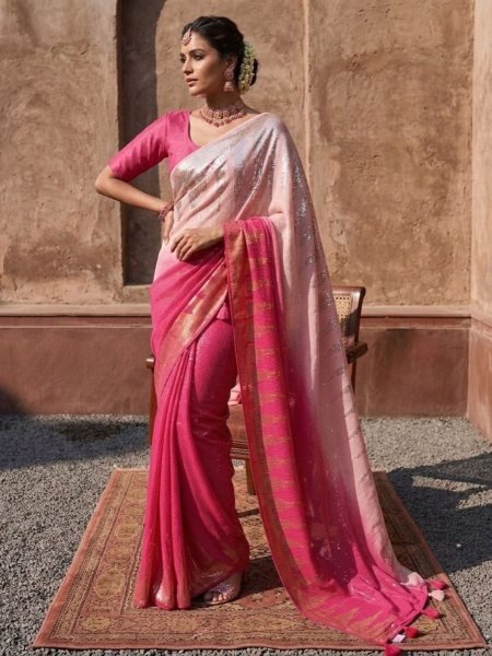 Bollywood Style Dual Color Georgette Saree with Dual Sequins Work Bollywood Fancy Sarees Wholesale