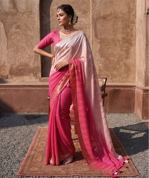 Bollywood Style Dual Color Georgette Saree with Dual Sequins Work Bollywood Fancy Sarees Wholesale