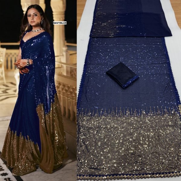 Bollywood Style Georgette Saree with Heavy Sequins Work for Party Wear Bollywood Fancy Sarees Wholesale