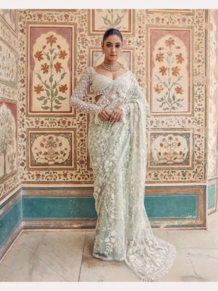 Bollywood Style light Green Mono Net Saree With Heavy Sequins And Embroidery Sarees 