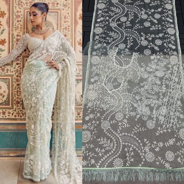 Bollywood Style light Green Mono Net Saree With Heavy Sequins And Embroidery Bollywood Fancy Sarees Wholesale
