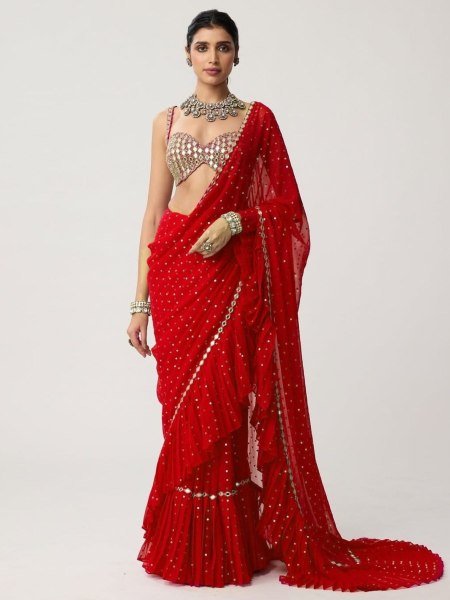 Bollywood Style Red Sequins Crush Pleated Saree with Mirror Work Blouse for Party Wear 