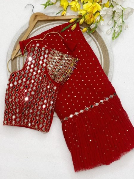 Bollywood Style Red Sequins Crush Pleated Saree with Mirror Work Blouse for Party Wear Bollywood Fancy Sarees Wholesale