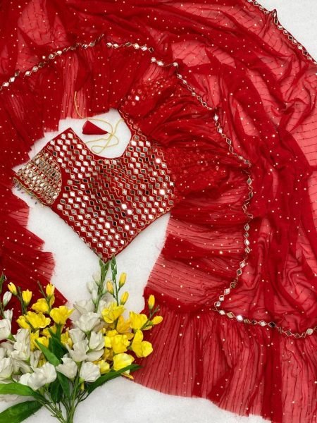 Bollywood Style Red Sequins Crush Pleated Saree with Mirror Work Blouse for Party Wear Bollywood Fancy Sarees Wholesale