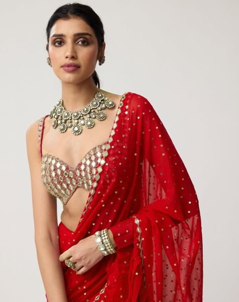 Bollywood Style Red Sequins Crush Pleated Saree with Mirror Work Blouse for Party Wear Bollywood Fancy Sarees Wholesale