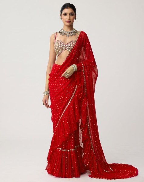 Bollywood Style Red Sequins Crush Pleated Saree with Mirror Work Blouse for Party Wear Bollywood Fancy Sarees Wholesale