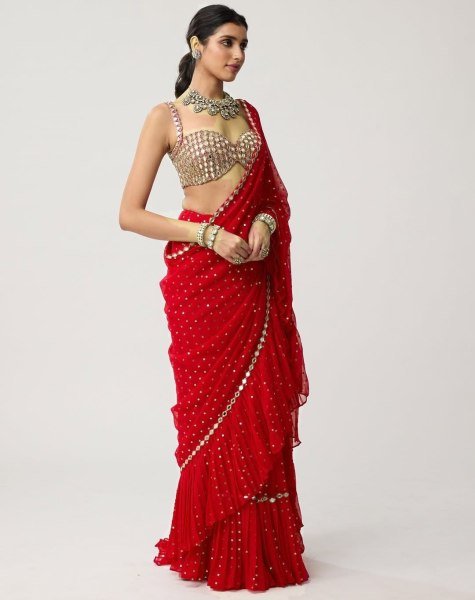 Bollywood Style Red Sequins Crush Pleated Saree with Mirror Work Blouse for Party Wear Bollywood Fancy Sarees Wholesale