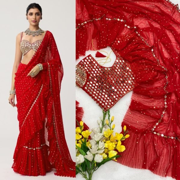Bollywood Style Red Sequins Crush Pleated Saree with Mirror Work Blouse for Party Wear Bollywood Fancy Sarees Wholesale