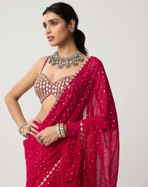Bollywood Style Red Sequins Crush Pleated Saree with Mirror Work Blouse for Party Wear Bollywood Fancy Sarees Wholesale