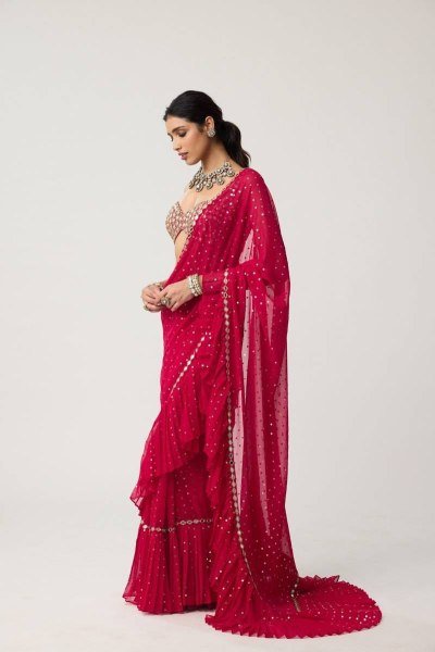 Bollywood Style Red Sequins Crush Pleated Saree with Mirror Work Blouse for Party Wear Bollywood Fancy Sarees Wholesale