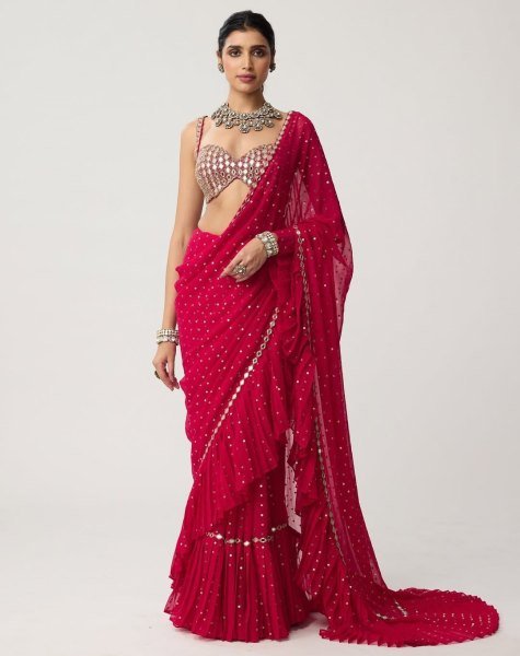 Bollywood Style Red Sequins Crush Pleated Saree with Mirror Work Blouse for Party Wear Bollywood Fancy Sarees Wholesale