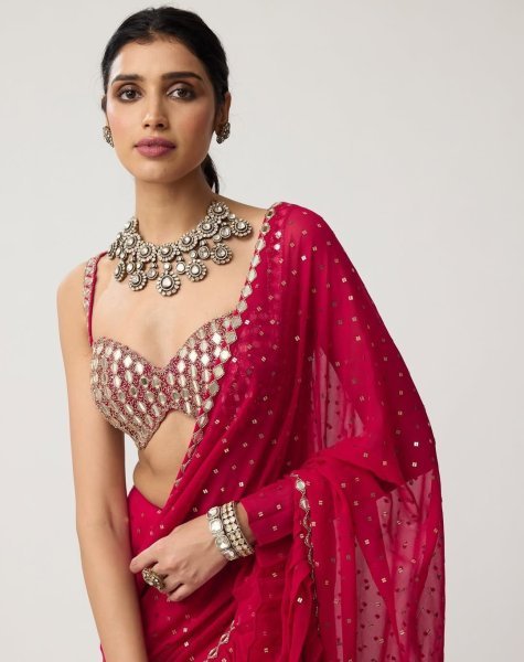 Bollywood Style Red Sequins Crush Pleated Saree with Mirror Work Blouse for Party Wear Bollywood Fancy Sarees Wholesale