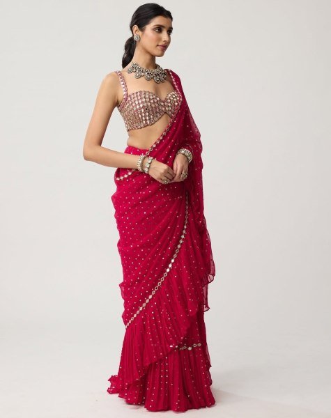 Bollywood Style Red Sequins Crush Pleated Saree with Mirror Work Blouse for Party Wear Bollywood Fancy Sarees Wholesale