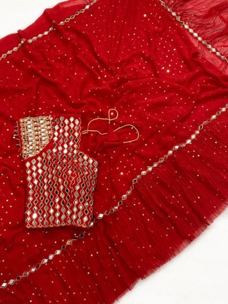 Bollywood Style Red Sequins Crush Pleated Saree with Mirror Work Blouse for Party Wear Bollywood Fancy Sarees Wholesale