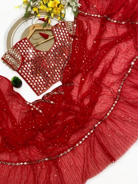 Bollywood Style Red Sequins Crush Pleated Saree with Mirror Work Blouse for Party Wear Bollywood Fancy Sarees Wholesale