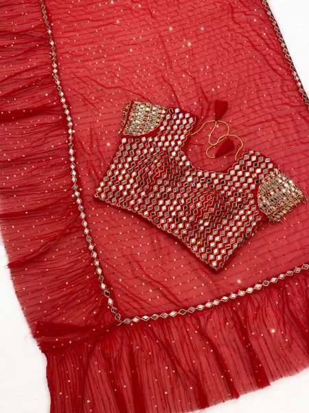 Bollywood Style Red Sequins Crush Pleated Saree with Mirror Work Blouse for Party Wear Bollywood Fancy Sarees Wholesale