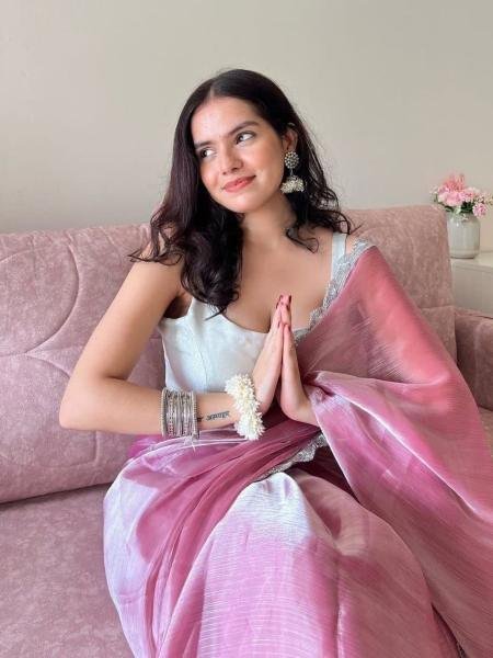 Bollywood Trending Jimee Chu Saree with Premium Silver Lace & Sequin Embroidery Blouse Sarees 