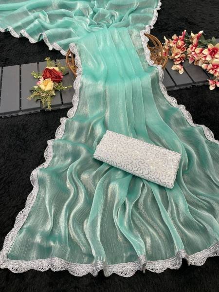 Bollywood Trending Jimee Chu Saree with Premium Silver Lace & Sequin Embroidery Blouse Bollywood Fancy Sarees Wholesale