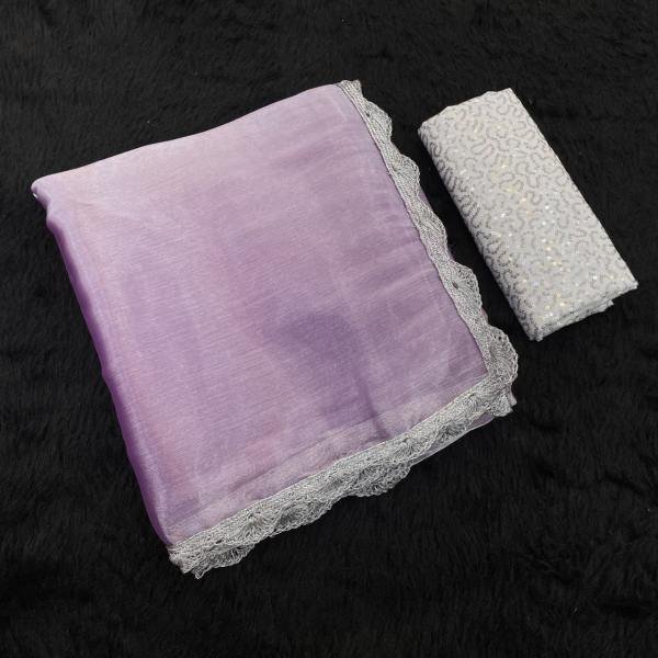 Bollywood Trending Jimee Chu Saree with Premium Silver Lace & Sequin Embroidery Blouse Bollywood Fancy Sarees Wholesale