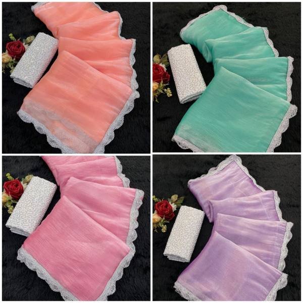 Bollywood Trending Jimee Chu Saree with Premium Silver Lace & Sequin Embroidery Blouse Bollywood Fancy Sarees Wholesale