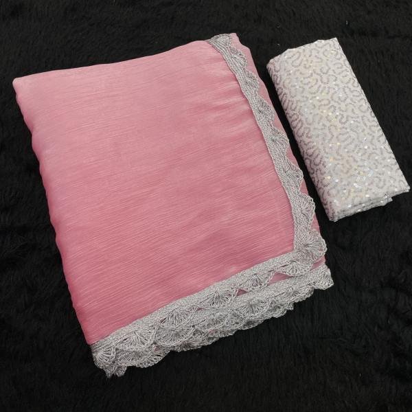 Bollywood Trending Jimee Chu Saree with Premium Silver Lace & Sequin Embroidery Blouse Bollywood Fancy Sarees Wholesale