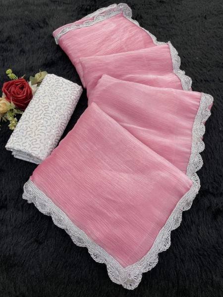 Bollywood Trending Jimee Chu Saree with Premium Silver Lace & Sequin Embroidery Blouse Bollywood Fancy Sarees Wholesale