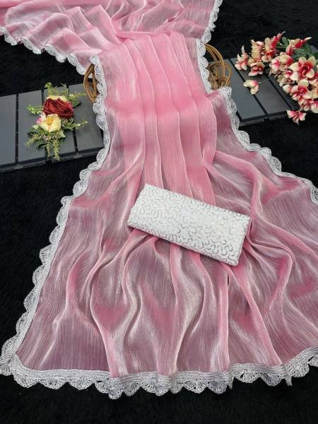 Bollywood Trending Jimee Chu Saree with Premium Silver Lace & Sequin Embroidery Blouse Bollywood Fancy Sarees Wholesale