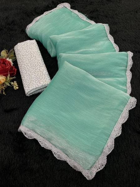 Bollywood Trending Jimee Chu Saree with Premium Silver Lace & Sequin Embroidery Blouse Bollywood Fancy Sarees Wholesale