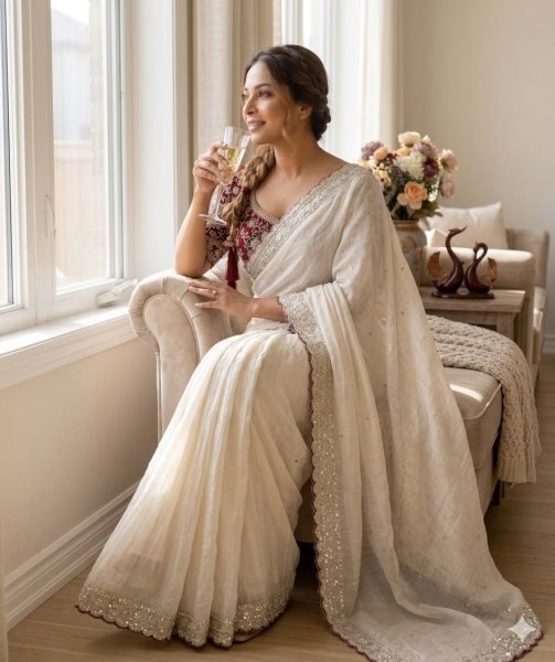 Bollywood White Saree with Sequence Work and Designer Blouse for Reception Wear Silk Sarees Wholesale