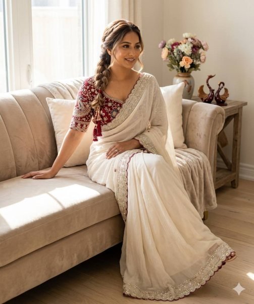 Bollywood White Saree with Sequence Work and Designer Blouse for Reception Wear Silk Sarees Wholesale