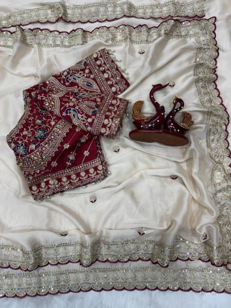 Bollywood White Saree with Sequence Work and Designer Blouse for Reception Wear Silk Sarees Wholesale