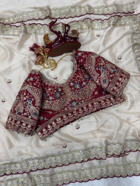 Bollywood White Saree with Sequence Work and Designer Blouse for Reception Wear Silk Sarees Wholesale