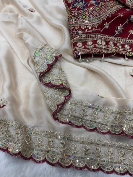 Bollywood White Saree with Sequence Work and Designer Blouse for Reception Wear Silk Sarees Wholesale