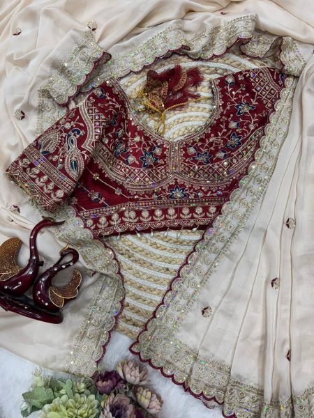 Bollywood White Saree with Sequence Work and Designer Blouse for Reception Wear Silk Sarees Wholesale