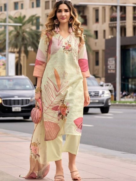 Borer Schiffli work on Linen Fabric  Pure Cotton Inner  kurti 3 set with Digital Print on TEBBY SILK  DUPATTA  with COTTON BOTTOM  