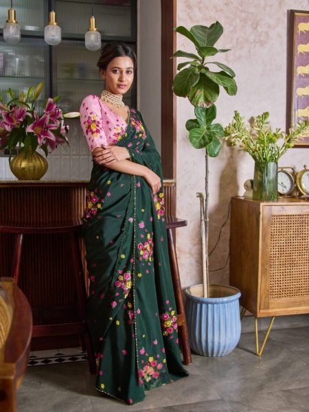 Bottel Green Designer Soft Tabi Flower Print Saree with Handcrafted Cut Dana Work Sarees 