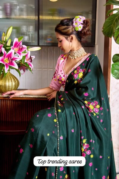 Bottel Green Designer Soft Tabi Flower Print Saree with Handcrafted Cut Dana Work Printed Cotton Sarees Wholesale
