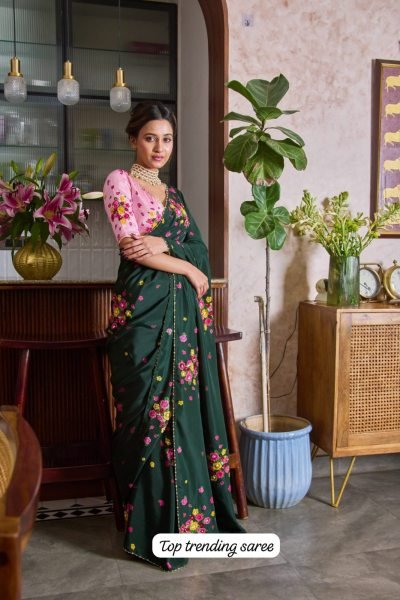Bottel Green Designer Soft Tabi Flower Print Saree with Handcrafted Cut Dana Work Printed Cotton Sarees Wholesale