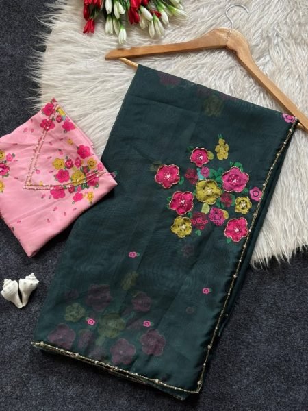 Bottel Green Designer Soft Tabi Flower Print Saree with Handcrafted Cut Dana Work Printed Cotton Sarees Wholesale