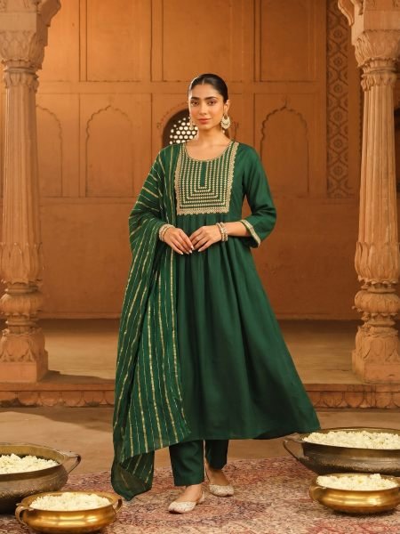 Bottel Green Embroidered Viscose Silk Kurti Bottom Dupatta Set for Festive Wear Kurtis