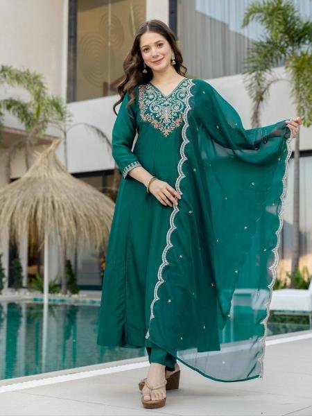 Bottle Green Embroidered Chinon Anarkali Kurta With Dupatta Set 