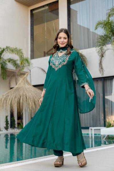 Bottle Green Embroidered Chinon Anarkali Kurta With Dupatta Set Anarkali Kurtis 