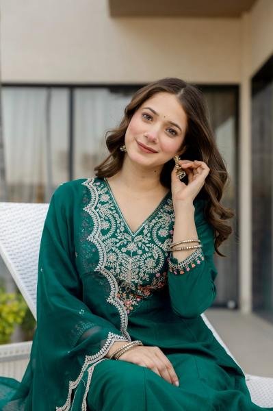 Bottle Green Embroidered Chinon Anarkali Kurta With Dupatta Set Anarkali Kurtis 