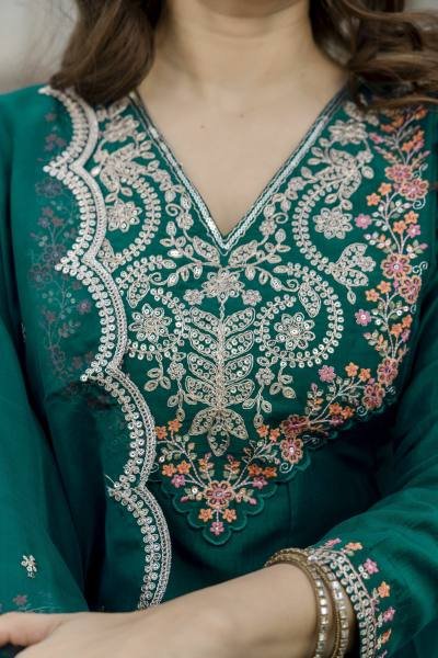 Bottle Green Embroidered Chinon Anarkali Kurta With Dupatta Set Anarkali Kurtis 