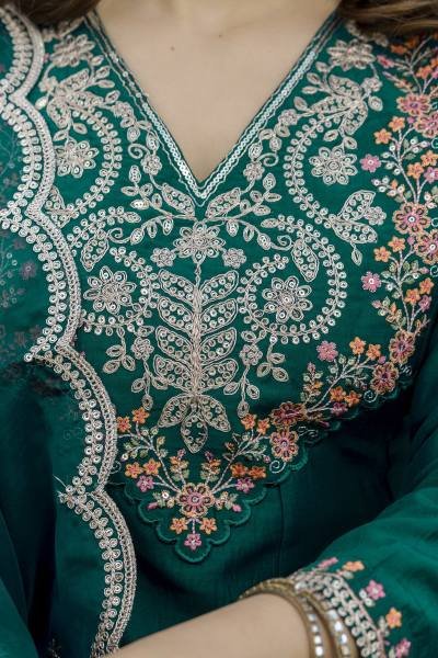 Bottle Green Embroidered Chinon Anarkali Kurta With Dupatta Set Anarkali Kurtis 